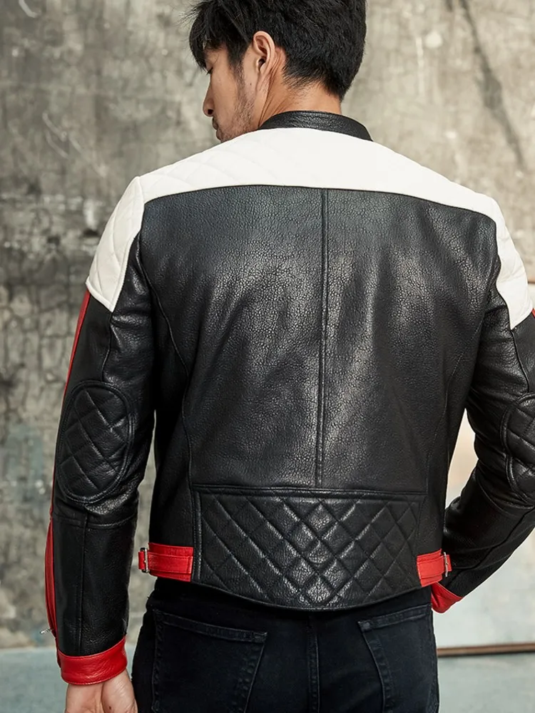 Мужская байкерская куртка из натуральной овечьей кожи с воротником-стойкой