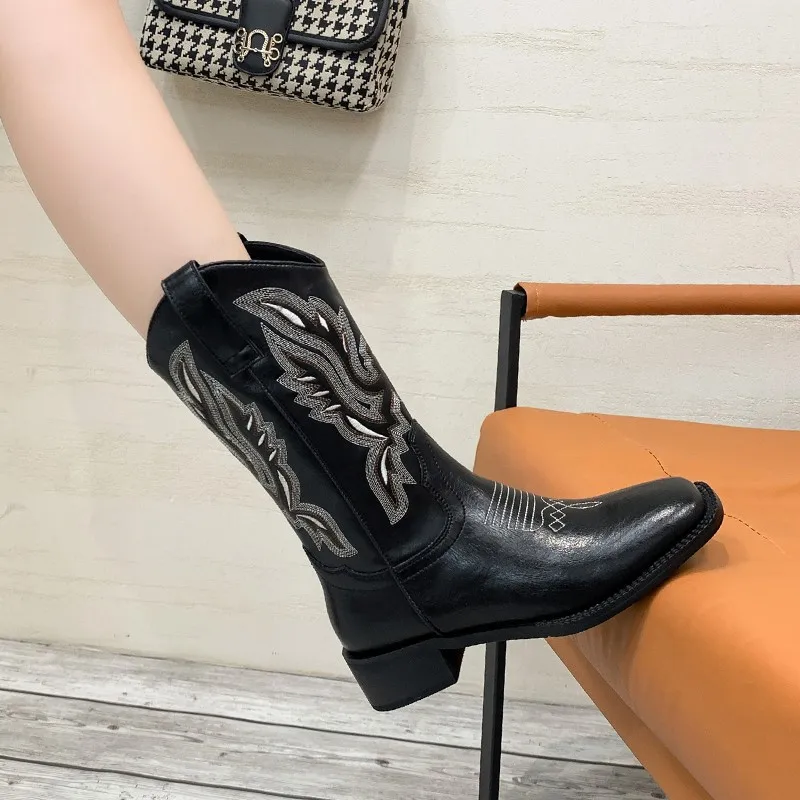 Fashion Embossed Microfiber Leather Women Boots Pointed Toe Western Cowboy Boots Women Knee-High Boots Chunky Wedges