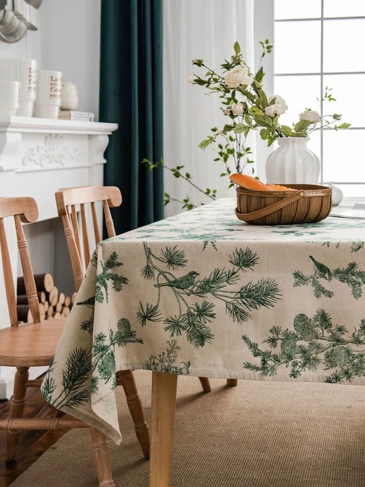 

Kitchen Decoration Linen Tassel Green Pine Nut For Table Pine Cotton Linen Print Christmas Table Cloth Dining Room Table Cover