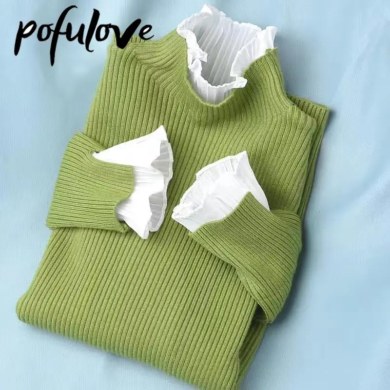 Sweater Women's Turtleneck Lace Ruffle Pullover Women's Trumpet Sleeve Top Solid Color Knitwear Trending Sweater Autumn Winter