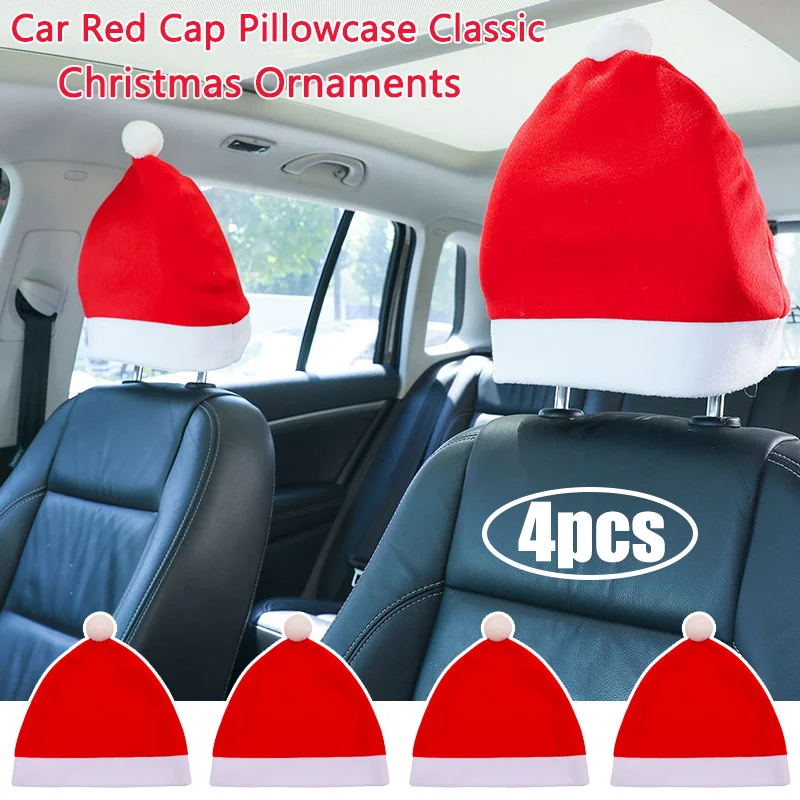 

4pcs Car Interior Christmas Hat Decor Seats Headrest Pillowcase Festival Atmosphere Props Xmas Ornaments Pillow Accessories
