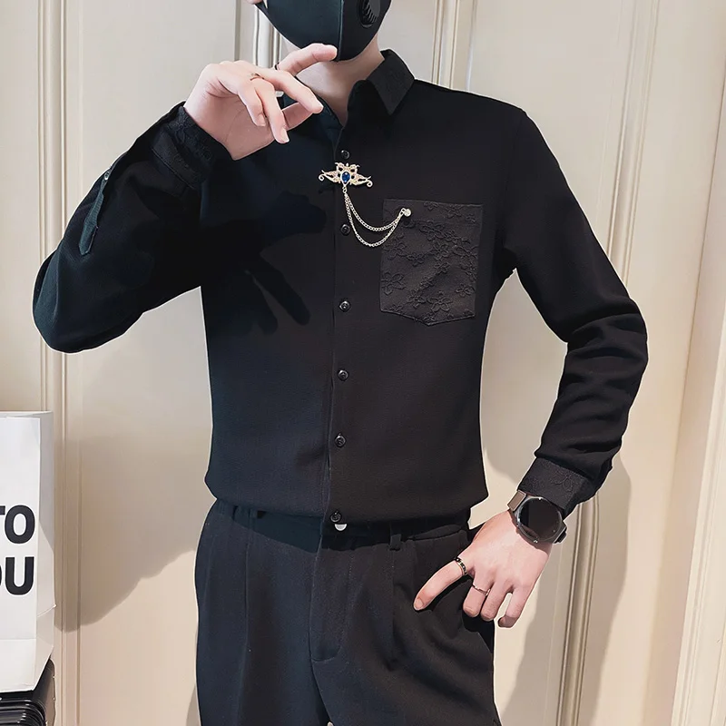 

Personalized Decoration Men's Shirt Long Sleeve Casual Slim Shirt Plus Velvet Thickened Social Party Tuxedo Blouse Chemise Homme