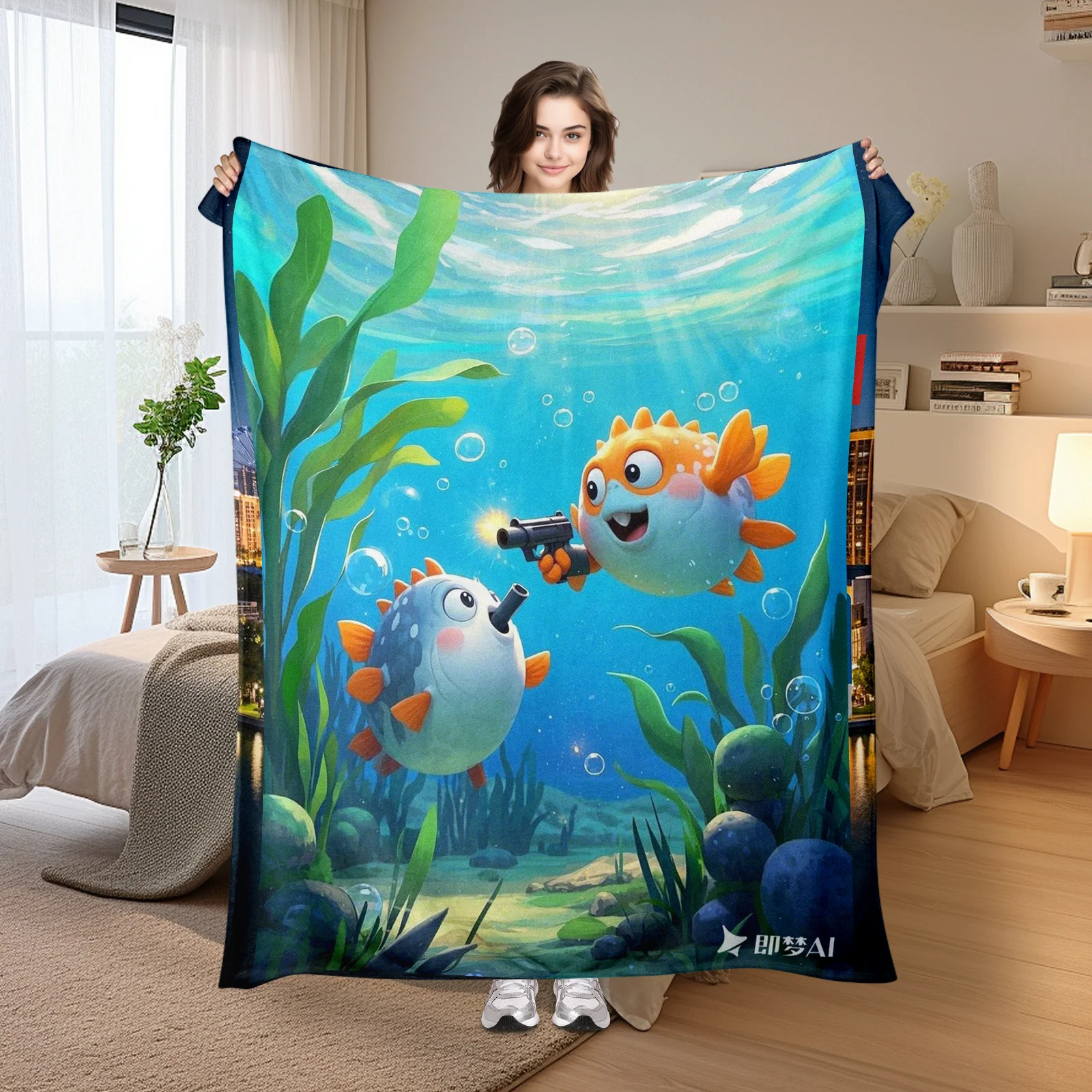 Причудливое зеленое тематическое одеяло Рыба-фугу для игривого домашнего декора