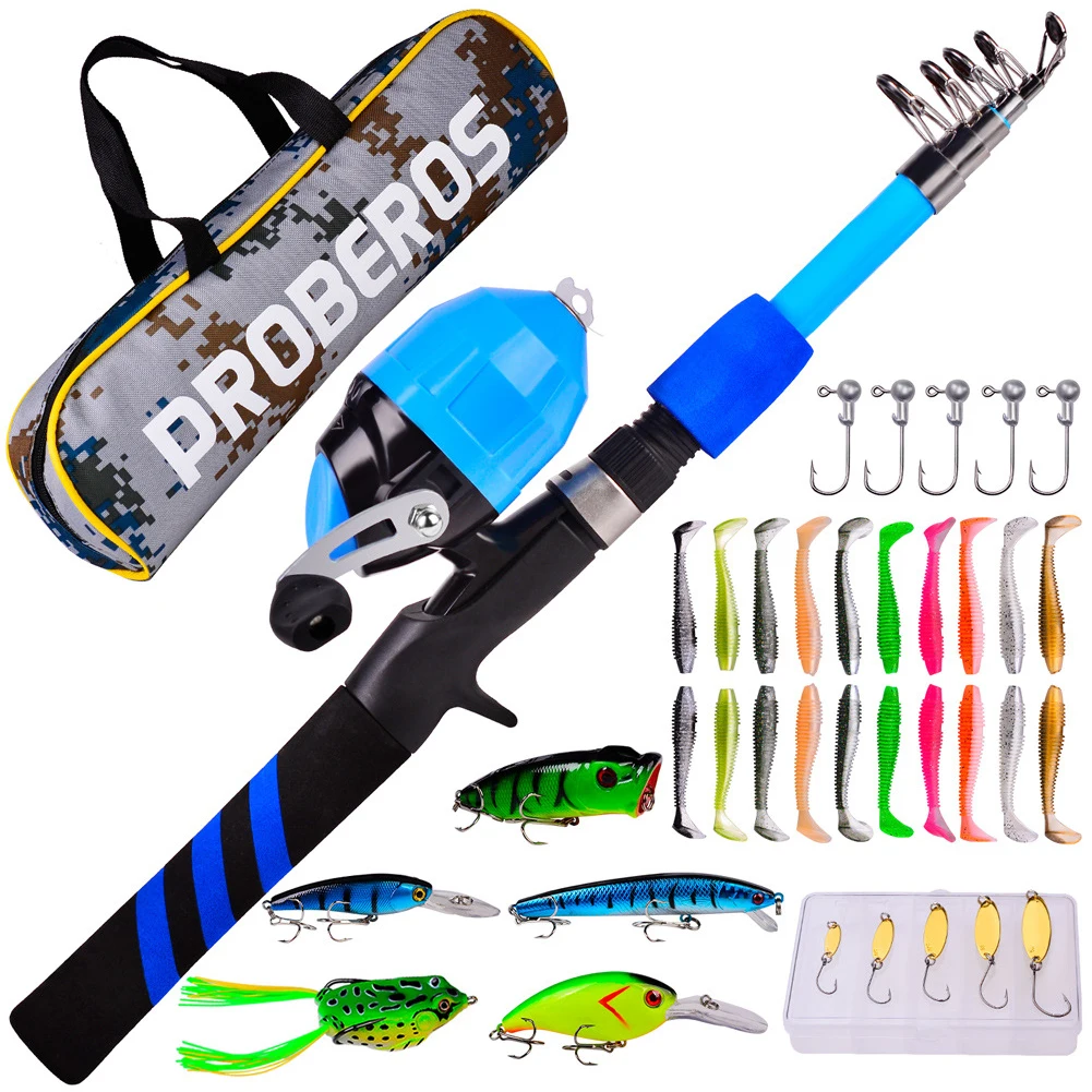 

Portable Kids Casting Fishing Rod Combo Portable Sea Fishing Tackle Children Fish Pole with Lures Hooks Reel Full Kits