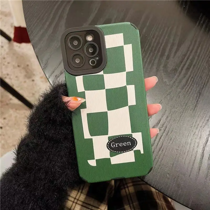 

Irregular green checkerboard phone case for iphone 13 mini 11 14 pro max 12 xr x shockproof shell cover for iphone xs 7 8 plus 6