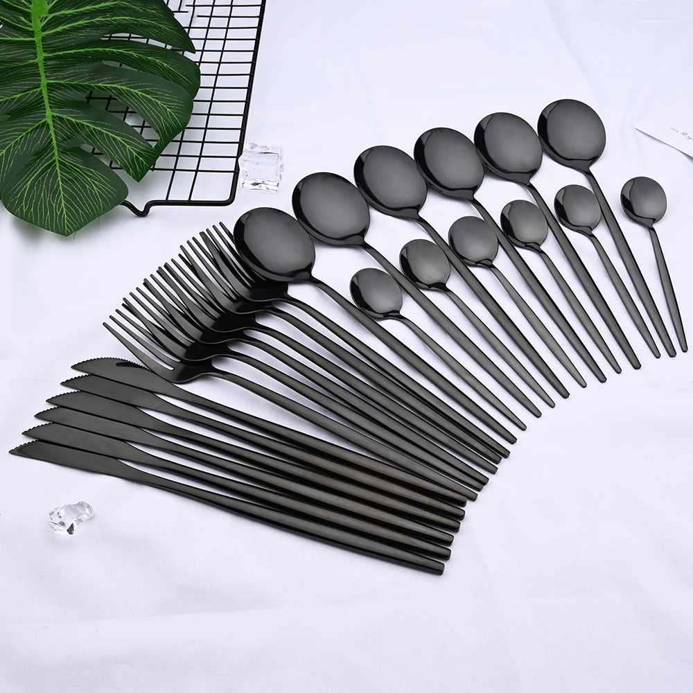 

24pcs Black Western Dinnerware Set Stainless Steel Cutlery Sets Fork Knife Spoon Tableware Set Flatware Set Silverware Set