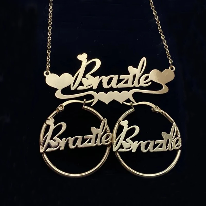 Customized Jewelry Sets 14K Gilded Nameplate With Heart Jewelry Set Stainless Steel Personalized Name Necklace and Hoop Earrings