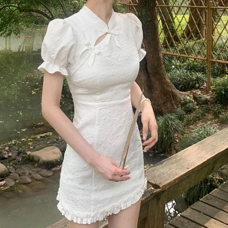 

Платье Ципао в улучшенном стиле женское, летнее сказочное платье в французском стиле с коротким рукавом и бантом, короткая юбка в обтяжку