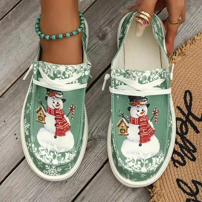 Mocasines transpirables con cordones Para mujer Zapatos planos de lona estampado navideño talla grande