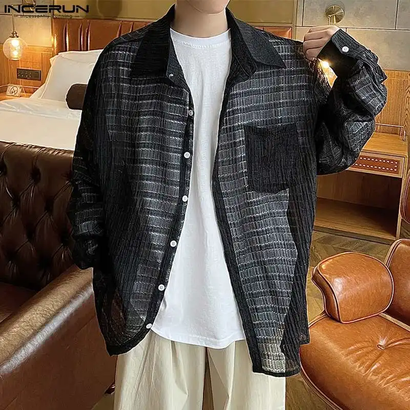 

Рубашка INCERUN Мужская однотонная Плиссированная, прозрачная с лацканами и длинными рукавами, уличная одежда свободного покроя, в Корейском стиле, 2023