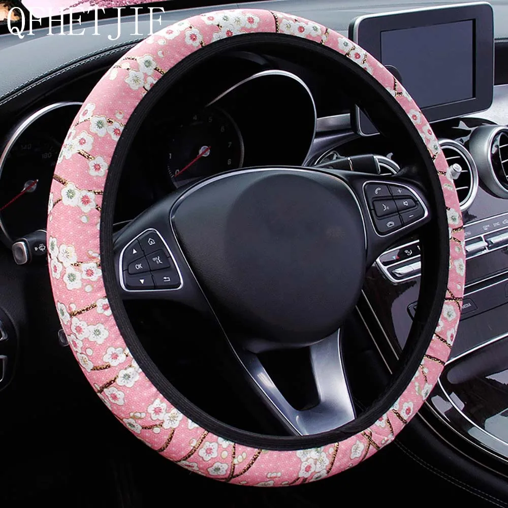 

QFHETJIE Fashion Cherry Blossom Pattern Car Steering Wheel Cover Without Inner Ring Diameter 38cm Universal Type