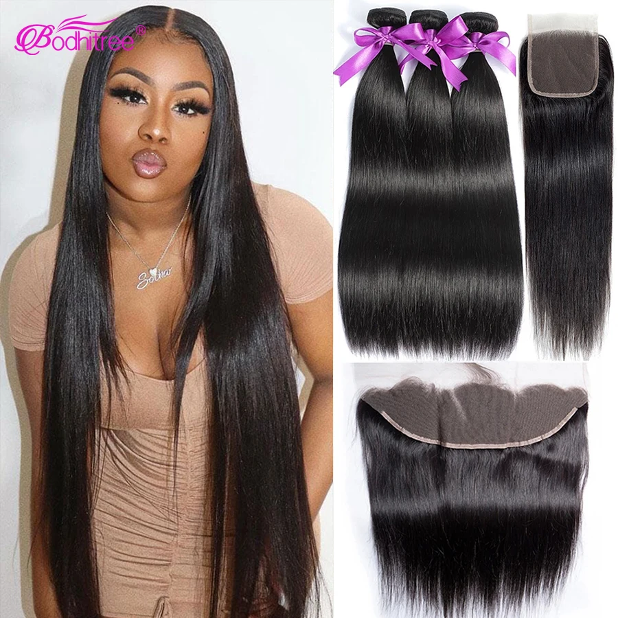 30 32 Inch Human Hair Bundles With 13X4 Lace Frontal Straight Brazilian Remy Straight Human Hair Bundles With 4x4 Lace Closure