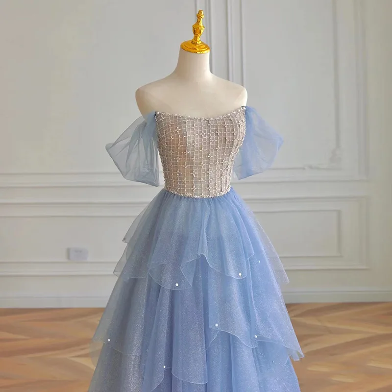 Elegant Blue Long A-Line Tulle Formal Dress Woman Off Shoulder Beading Backless Party Gown Robe De Soiree
