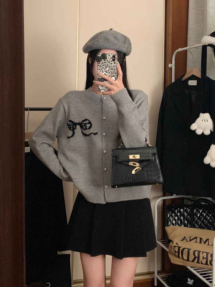 Gaganight Женский жаккардовый мягкий вязаный кардиган с бантом и лентами осень 2024