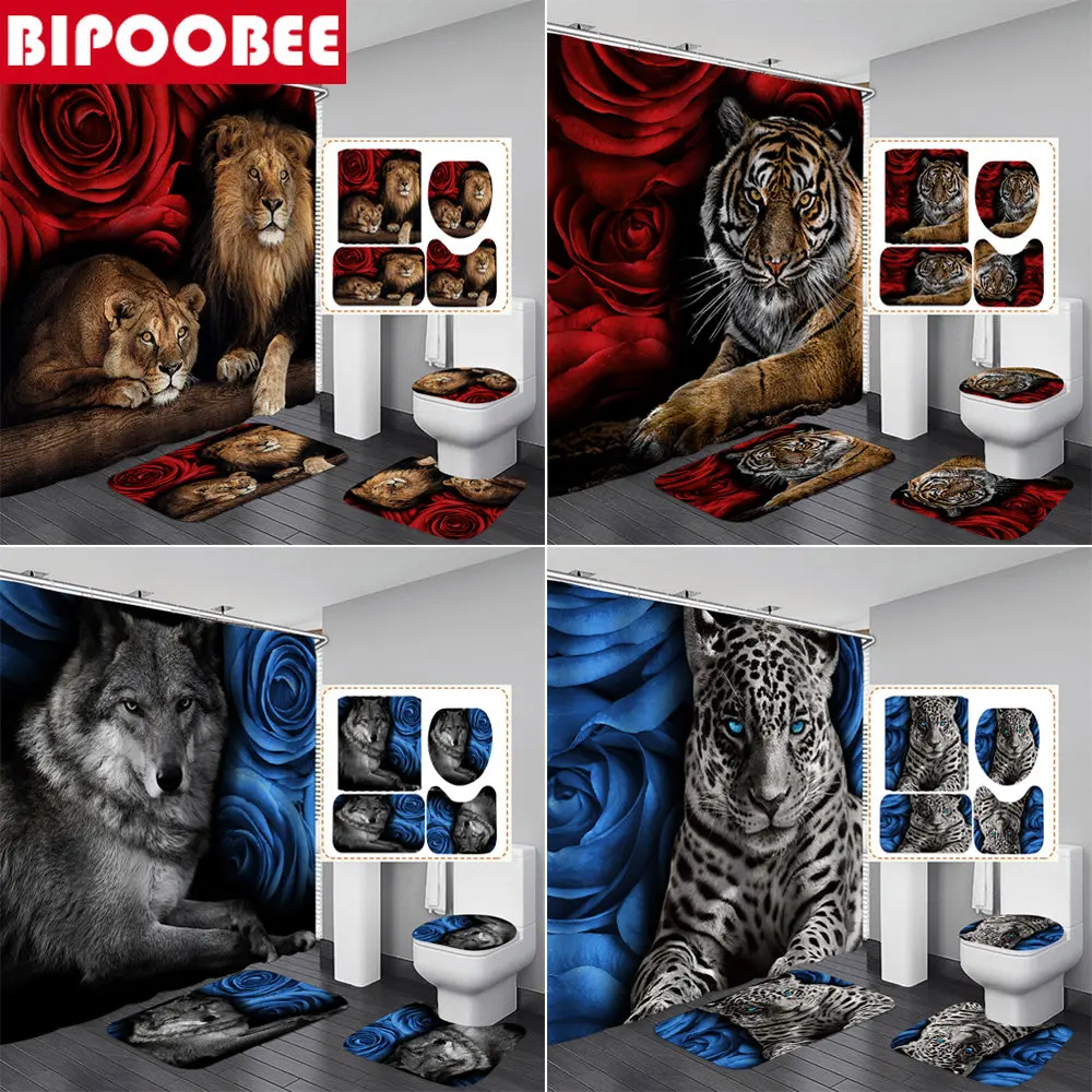 

Red Rose Lion Printed Shower Curtain 3d Tiger Wolf Leopard Animal Bathroom Mat Cover Toilet Lid Anti-skid Rug Bath Mat Set