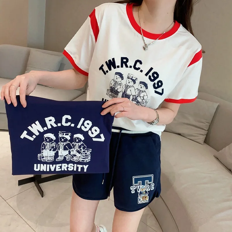 

Striped Patchwork Bear Print Women Tees Summer Short Sleeves Cotto Tops T-Shirt