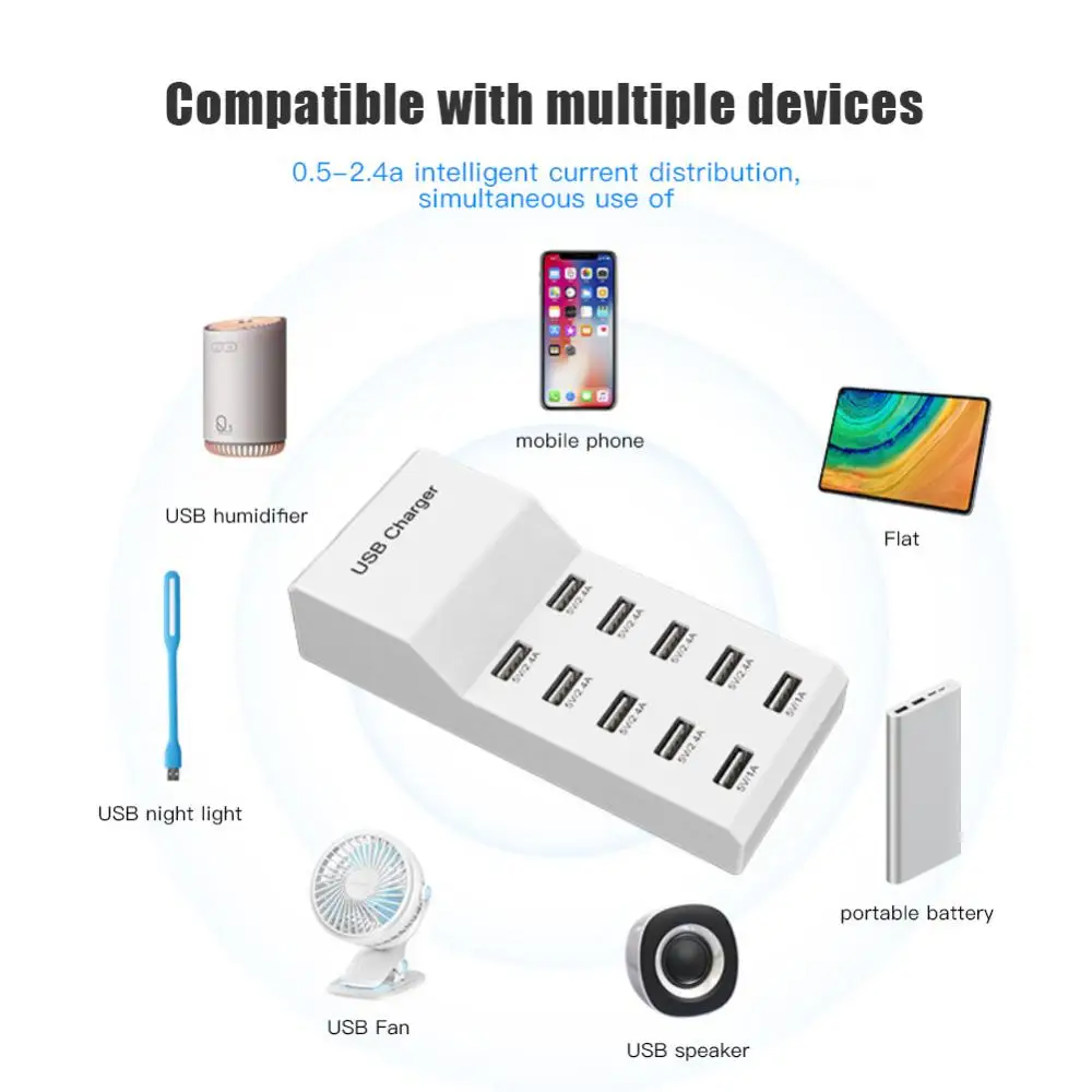 

10 Port Usb Charger Multi Port Charger Station Splitter 10A Universal Smartphone Charger For IPhone Samsung Huawei Mp3 Tablet