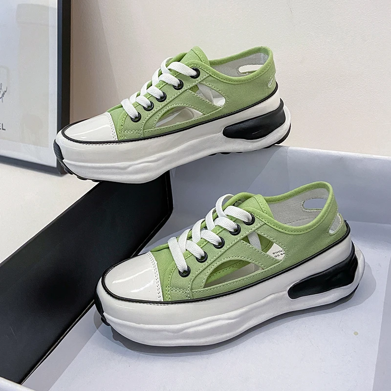 

Black Platform Women Canvas Sneakers Green Women's Summer Shoes 2022 Lace Up Casual Sneaker Breathable Flat Vulcanize Trainers