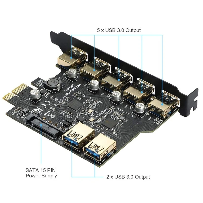 

R2LB Pci-e to Usb 3.0 7-port Expansion Card With 15-pin Power Connector PCI Express (pcie) Adapter Card Usb 5Gbps 5V2A