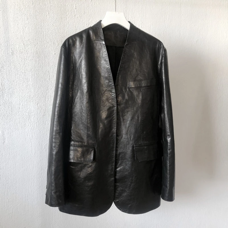 

2022 new kid leather clothes women wash vintage leather suit coat medium and long high quality commuter