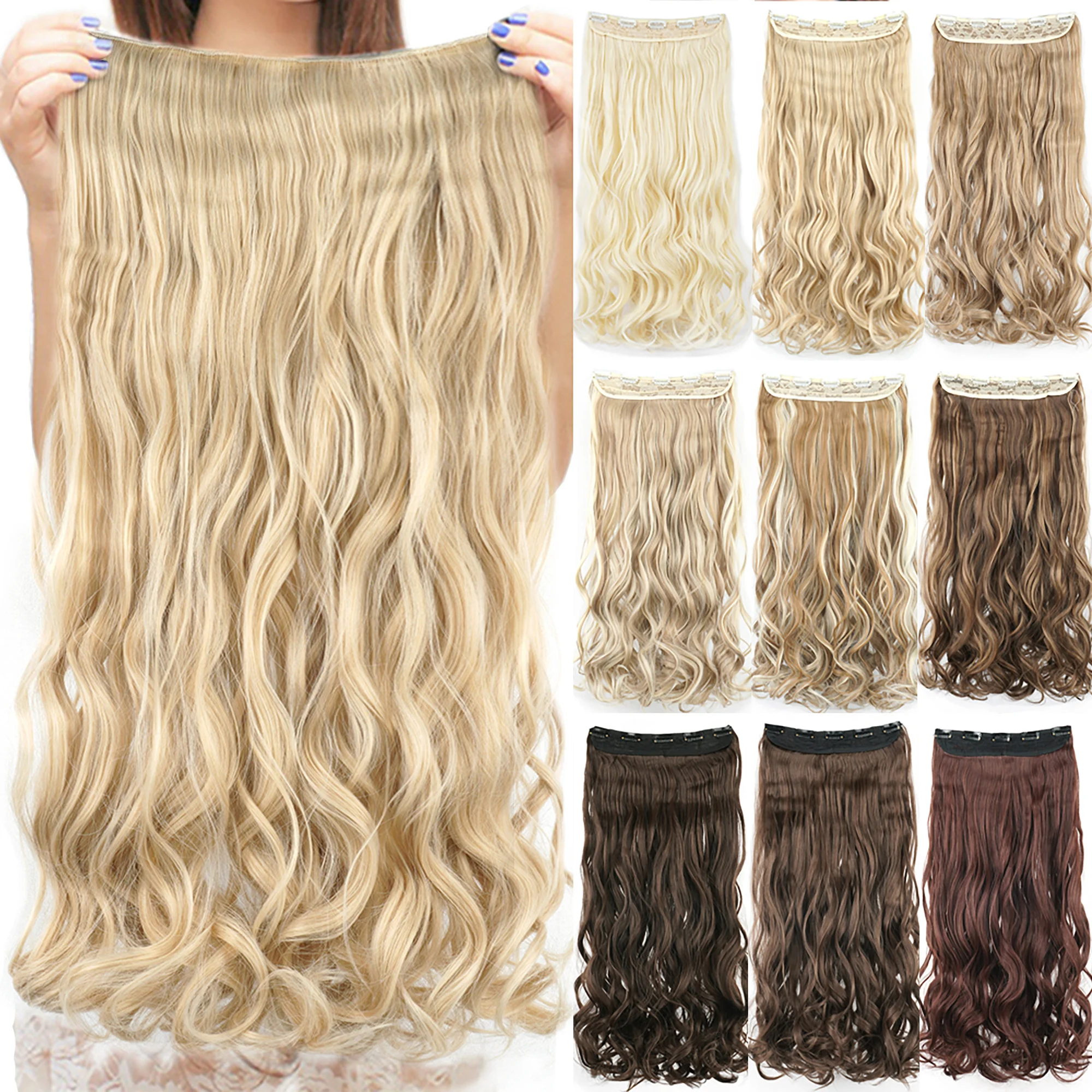 Soowee Long Wavy Synthetic Hair Sunny Blonde Clip In Hair Extensions Fake Hair Clip Ins One Piece Hair Pieces for Women