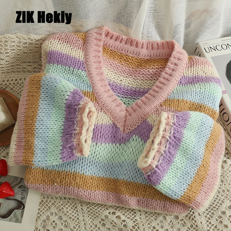 

Zik Hekiy Sweater Women New Rainbow Stripes Loose V-Neck Knit Sweater Long-Sleeved Medium-Length Section Tops