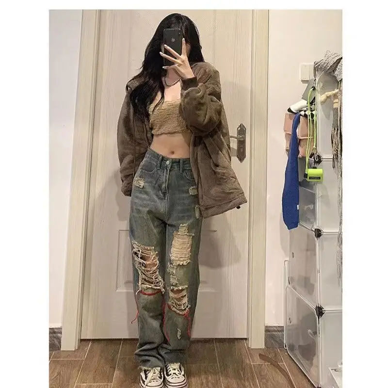 Woman Wide Leg Jeans Punk Pants Harajuku Broken Hole Smoke Gray Streetwear Low Waist Ripped Jeans Denim Trousers Do Old Cute