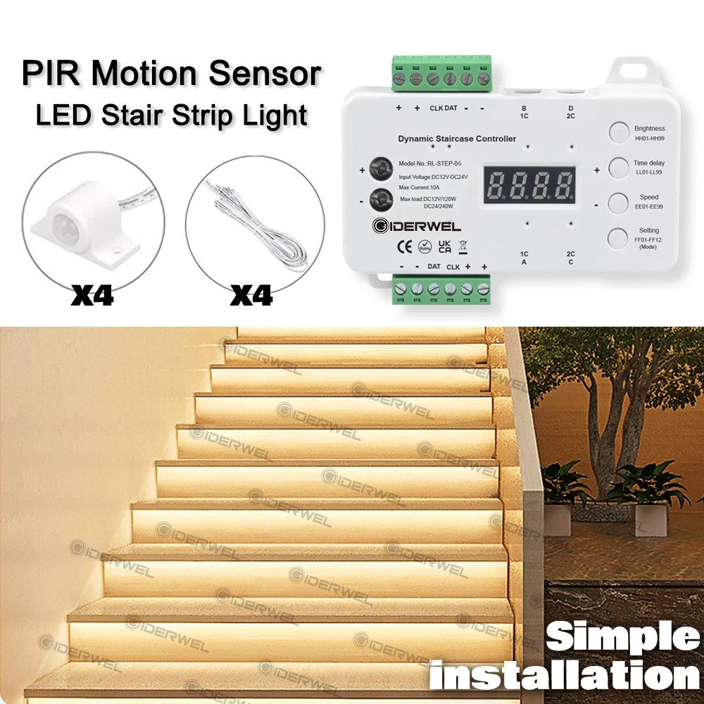 Dynamic staircase Smart Controller with 4pcs PIR Sensor LED COB Light Strip Dimming Easy Installation for 2 Stairs Step Lighting