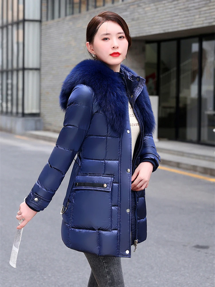 New Women Fur Down Jacket Winter Fashion Real Fox Fur Collar Medium Long Belt Slim Puff Down Coat Thicken Warm Outerwear Female