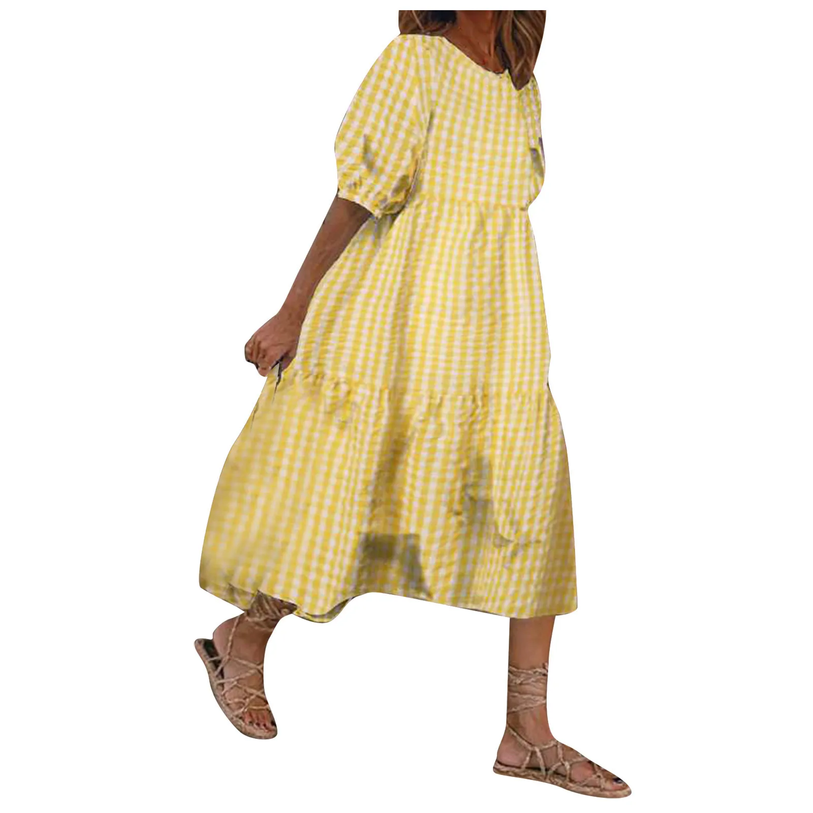 

Women's Summer Dresses Puff Sleeve Boho V Neck Plaid Printing Long Dress Loose Holiday Beach Casual Floral Dresses Party Vestido