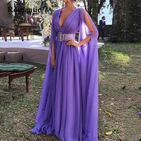 romantic evening dress fashion deep v neck purple chiffon floor length ladies high waist a line elegant evening prom party gowns