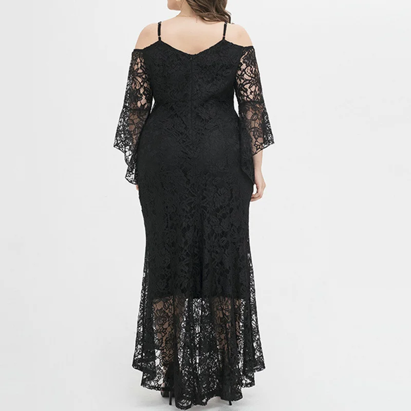 Plus Size Womens Clothing Black Off Shoulder Long Sleeve Evening Party Elegant Lace Hook Flower Hollow Backless Plus Size Dress