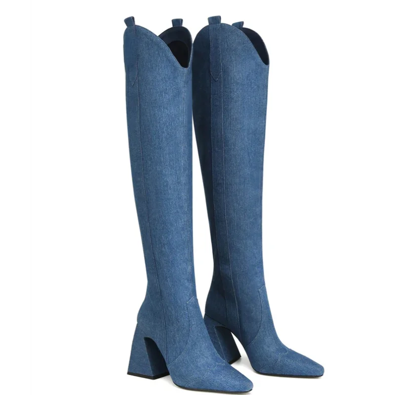 

Women Jean Elasticity Boots Autumn Winter Antiskid Female Lady Long Shoes Thigh High Over Knee Were Thin Thick-Heeled Boot 35-43