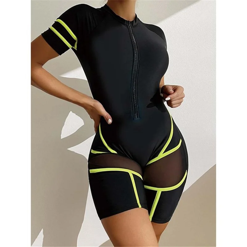 One Pieces Swimsuit Women 2023 New Zip Front Sport Swimwear Mesh Striped Monokini Bodysuit Female Brazilian Beach Bating Suit