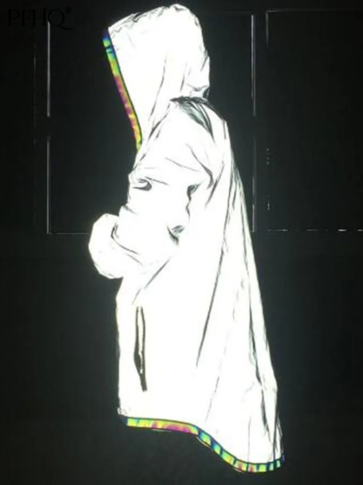 

PFHQ New Men's Zipper Reflective Windbreaker Hoodies Long Coat Hip Hop Cloak Trench Casual Clothing Fashion Streetwear 21Q1558