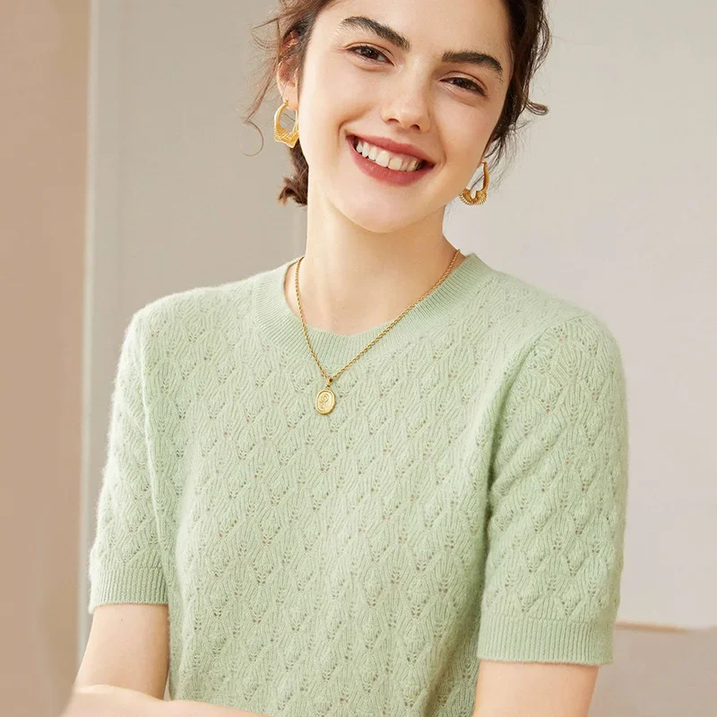 Женский свитер из чистой шерсти с короткими рукавами новый стиль пуловер круглым