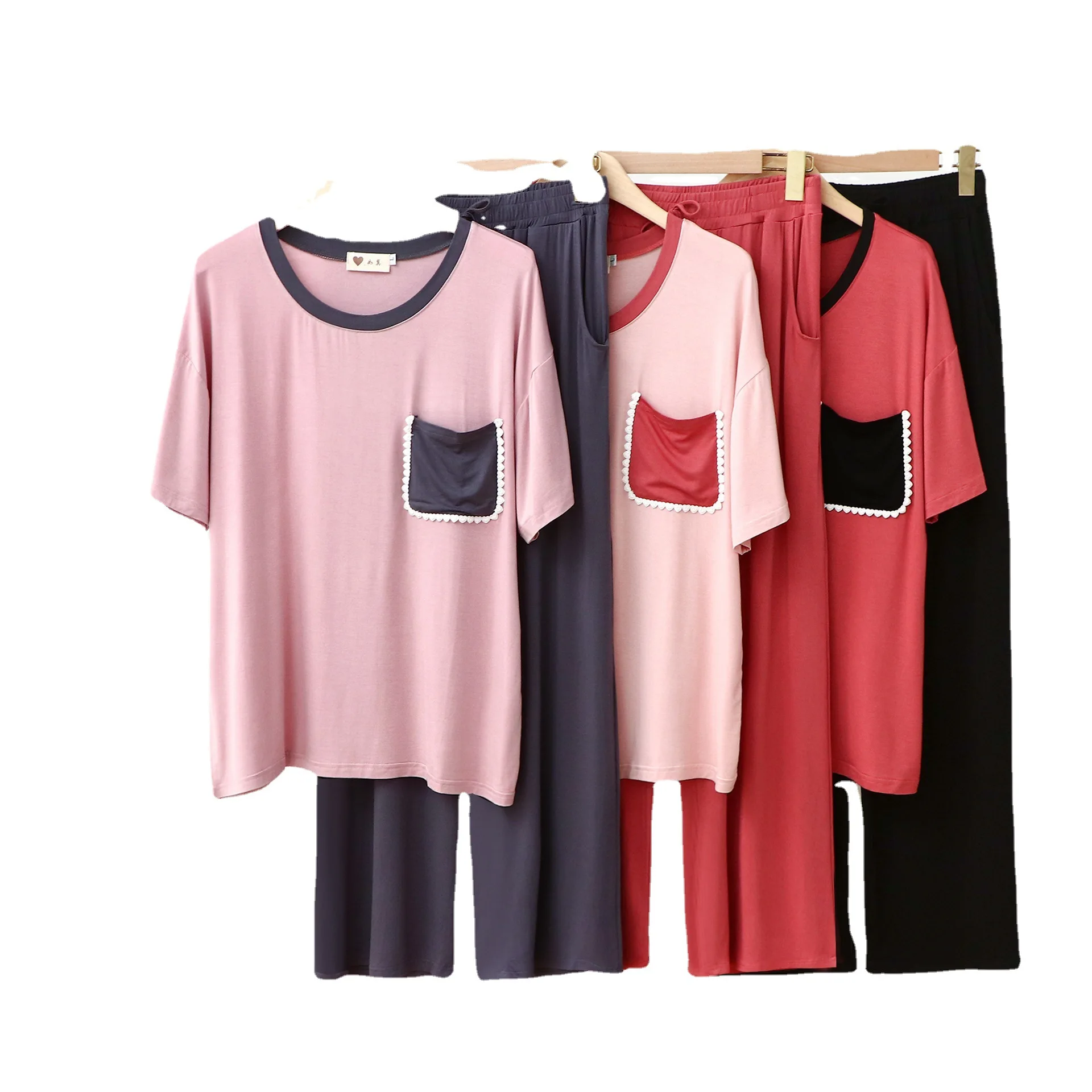 Modal Pajamas Set Women Home Wear Short Sleeve Trousers Contrasting Colors Round Neck Pocket Lace Show Temperament Leisure Suits