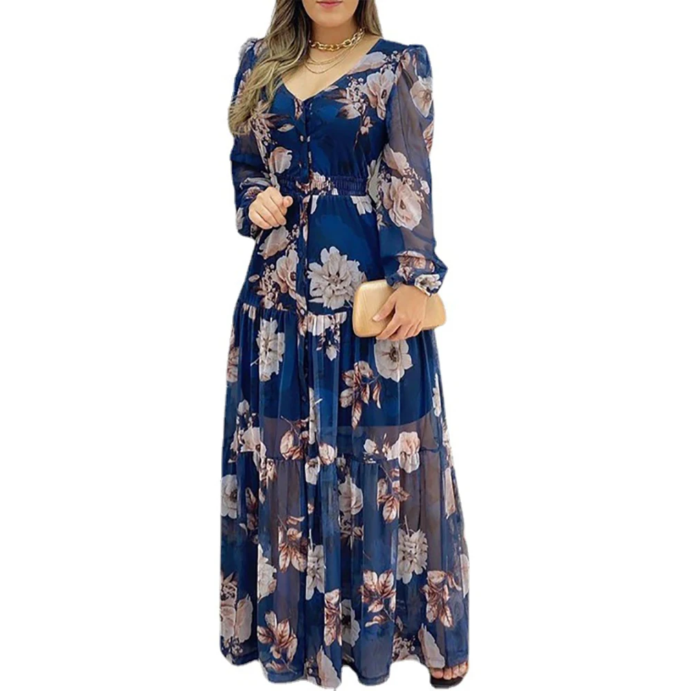 

Women's Floral Summer Dress Wrap V Neck Chiffon Maxi Flowy Party Dress Long Lantern Sleeve Beach Wear Style Dress
