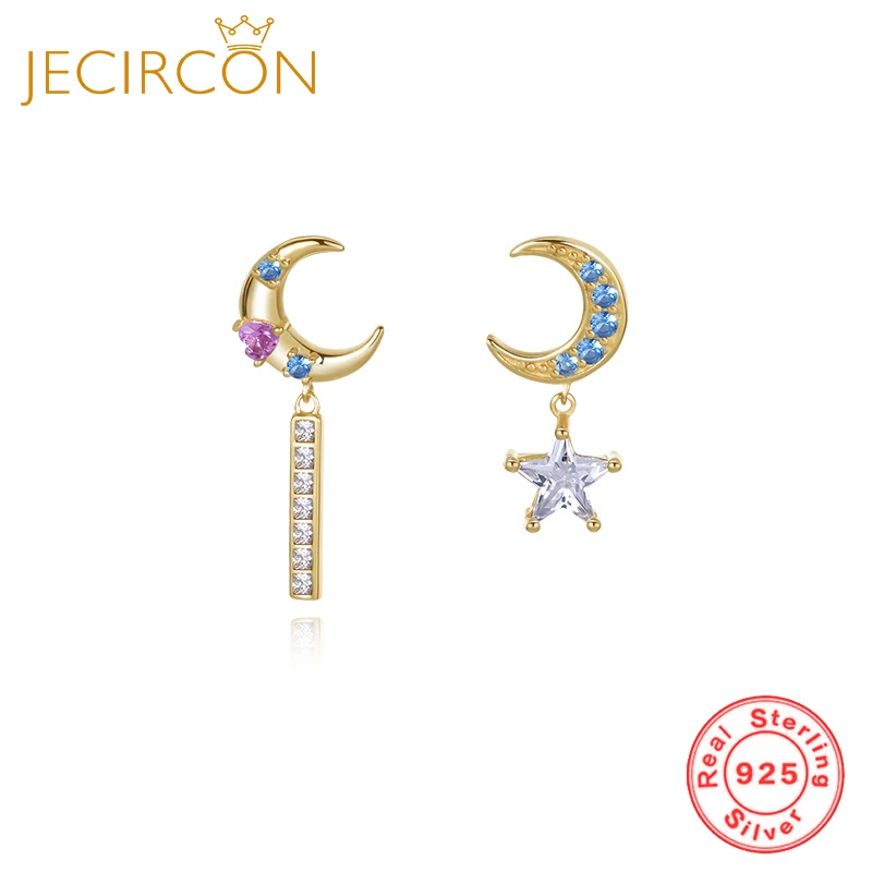 

JECIRCON 925 Sterling Silver Colorful Zircon Asymmetric Star Moon Stud Earrings for Women Trendy Vintage Earrings Jewelry Gifts