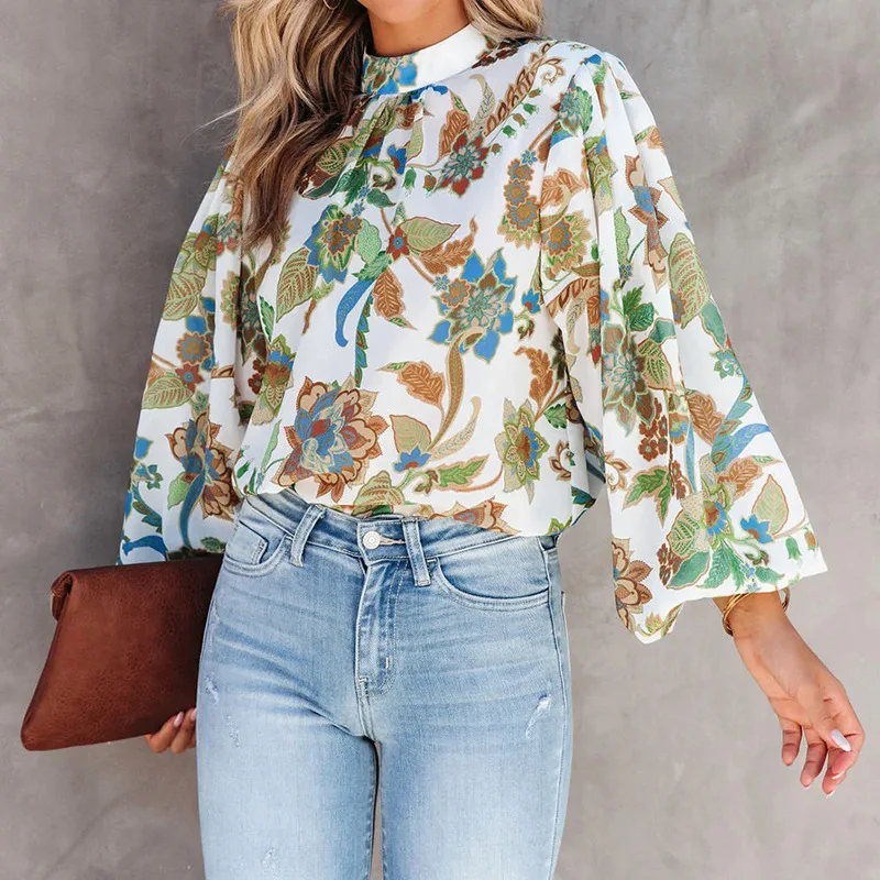 

2023 Autumn Women's Shirt Print Light Green Stand Collar Lantern Sleeve Loose Shirts Female Elegant Casual Fashion Lady Clothes