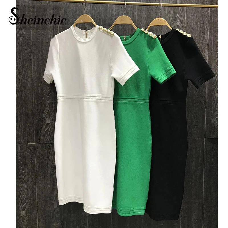 Luxury Designers Summer Clothes for Women 2022 Casual O-neck Short Sleeve Knit Dresses White Black Vestidos De Mujer