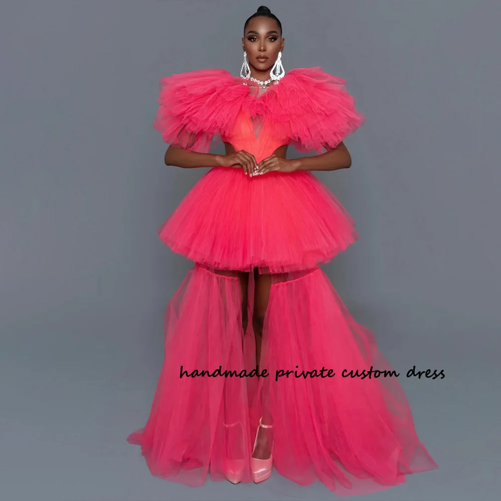 

Hot Pink Tulle High Low Prom Party Dresses Sexy V Neck Tiered Pleats Luxury Celebrate Event Dress Long Pageant Evening Gowns