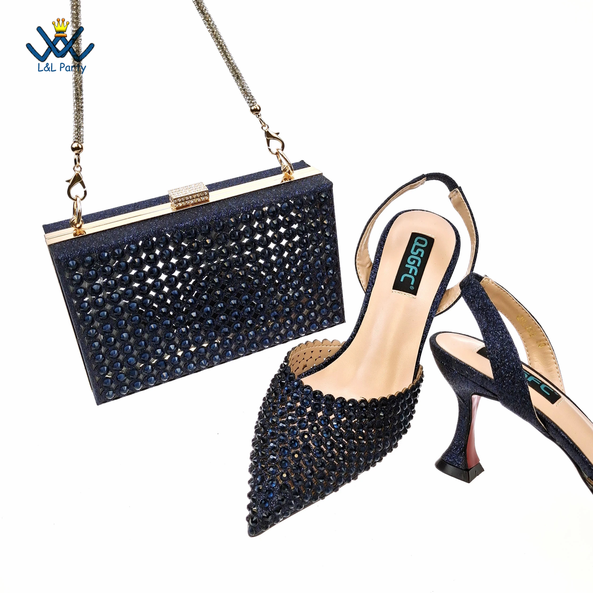 

New Design Pointed Toe African 2020 Spring Lady Shoes and Bag Set in Dark Blue Pu Leather Nigerian Women Shoes Matching Bag