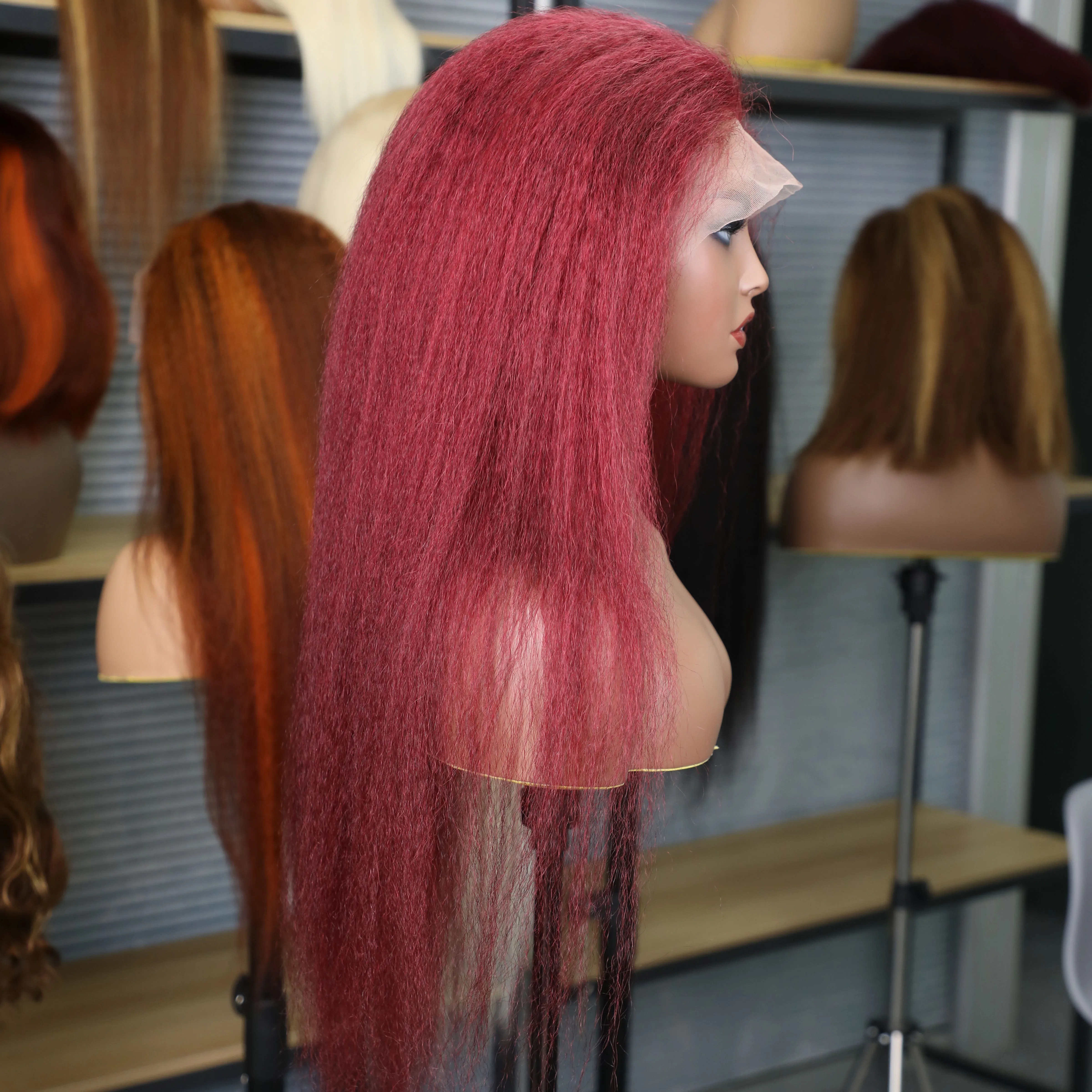 Kinky Straight 99J Бордовый 13x6 HD Парики из натуральных волос на фронтальной части шнурка