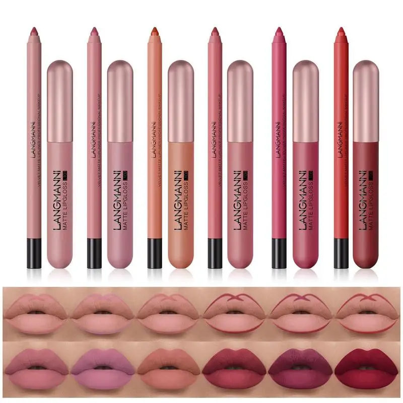 

Lip Liner And Lipstick Set 6 Velvety Matte Liquid Lipsticks & 6 Matching Smooth Lip Liner All In One Lipgloss Girls & Women Lips