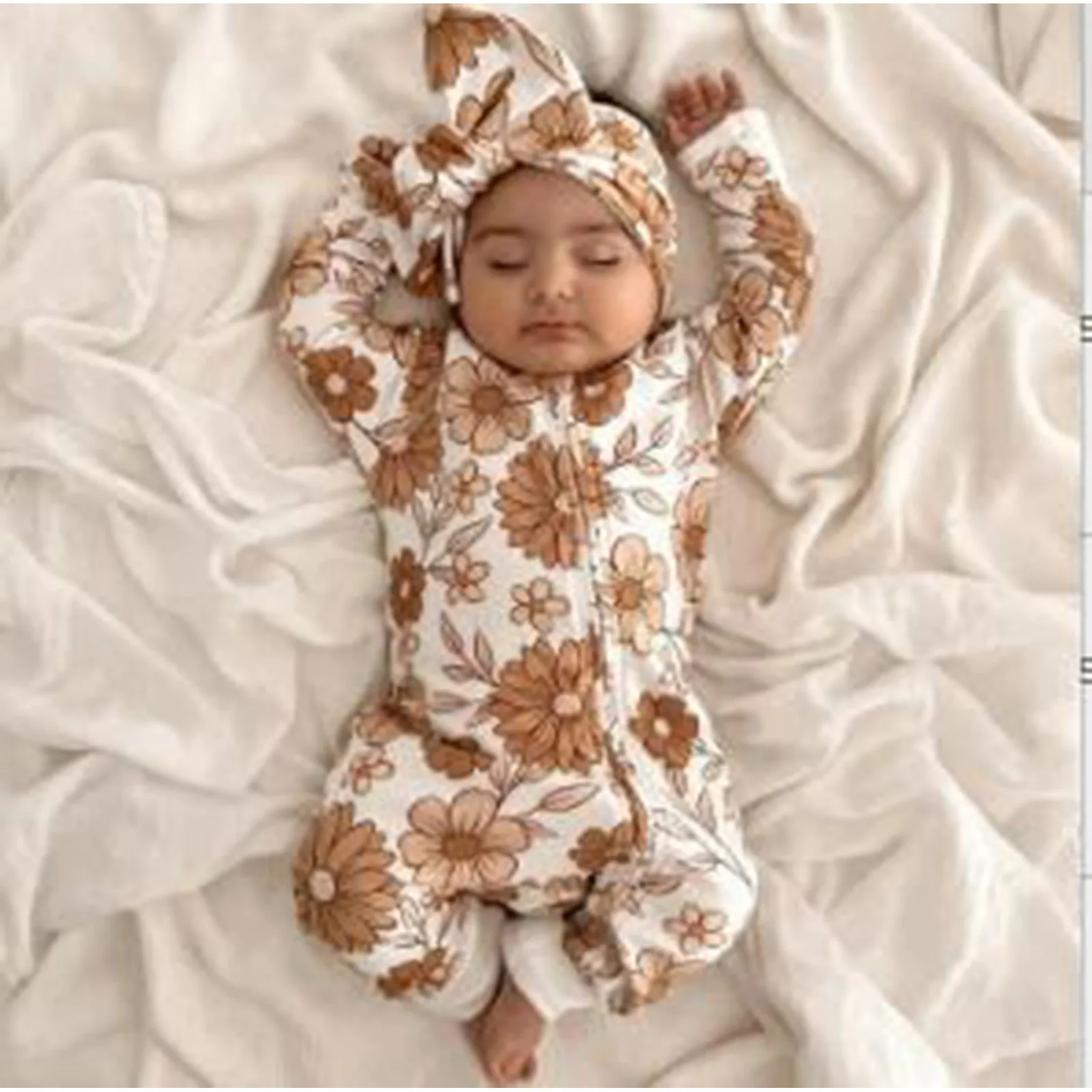 

Newborn Infant Floral Jumpsuit Baby Girls Boys Flower Print Long Sleeve Romper With Headband Autumn Outfits Pyjamas Clothes Set