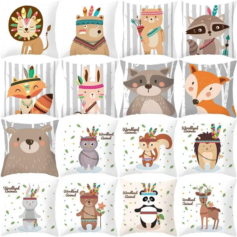 

45x45cm Tribal Woodland Animal Cushion Cover Bear Fox Print Polyester Pillowcase