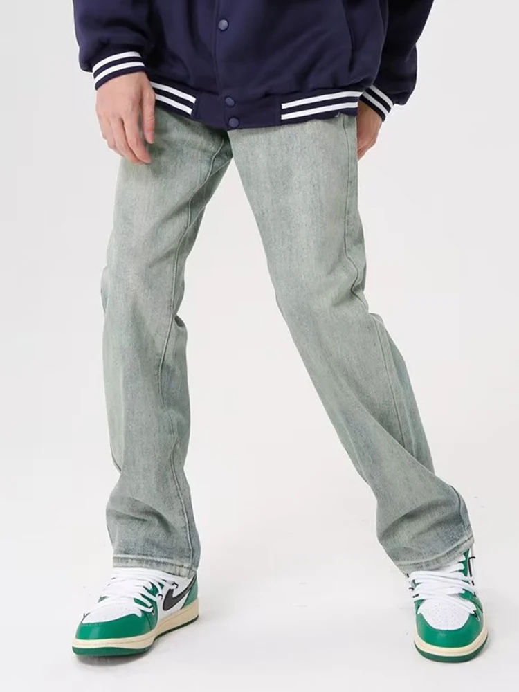 Spring Loose Straight-Leg High-Waisted Youth Trendy Jeans for Men Baggy Jeans with Zipper and Washed Effect Mens Jeans