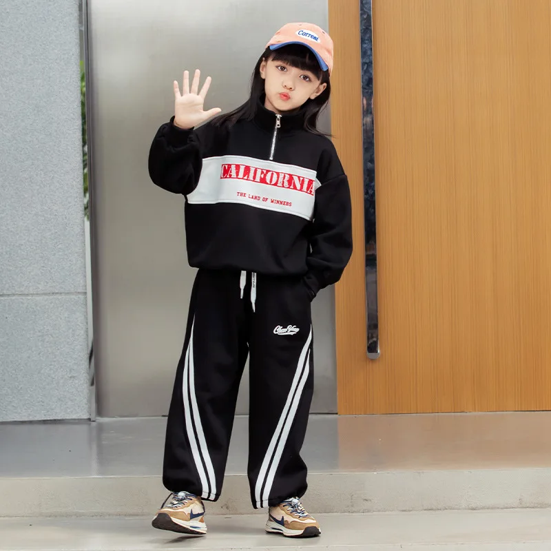 

Свитер для девочек-подростков, комплект одежды из двух предметов, черные широкие штаны модная повседневная одежда на весну и осень для девочек 8, 10, 12, 13, 14 лет