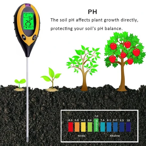 Тестер почвы 4 в 1, измеритель влажности почвы с PH, освещением и кислотностью для цветов